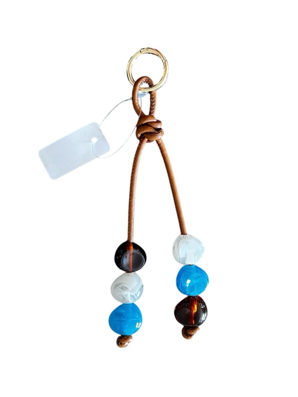 New Faux Blue Turquoise White Brown Acrylic Bead & Leather Gold Ring Bag Charm